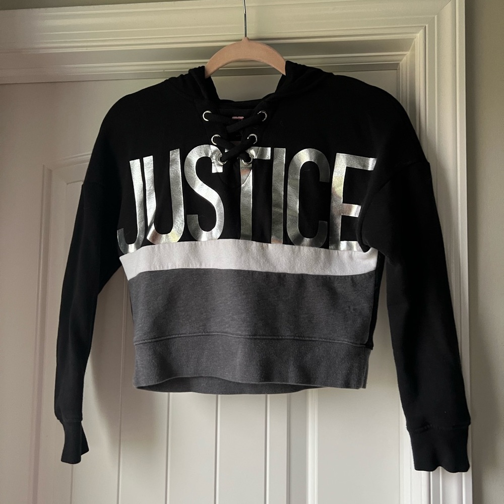 Girls Justice Cropped Black and Silver Logo Hoodie